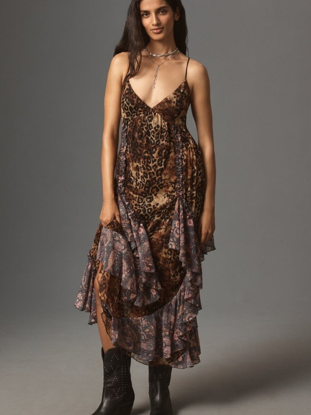 Anthropologie Leopard Paisley Ruffle Maxi Slip Dress Small